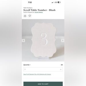 Minted Scroll Table Number - Blush Numbers 1-15